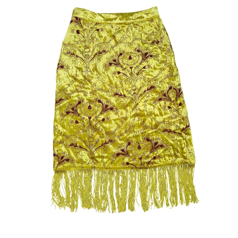 Anthropologie Slim Fringed Velvet Midi Skirt Flowy High Waisted Yellow 4P